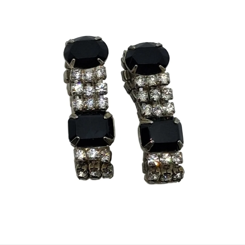 Vintage 50s Black And White Rhinestone Wrap Around Clip Earrings
